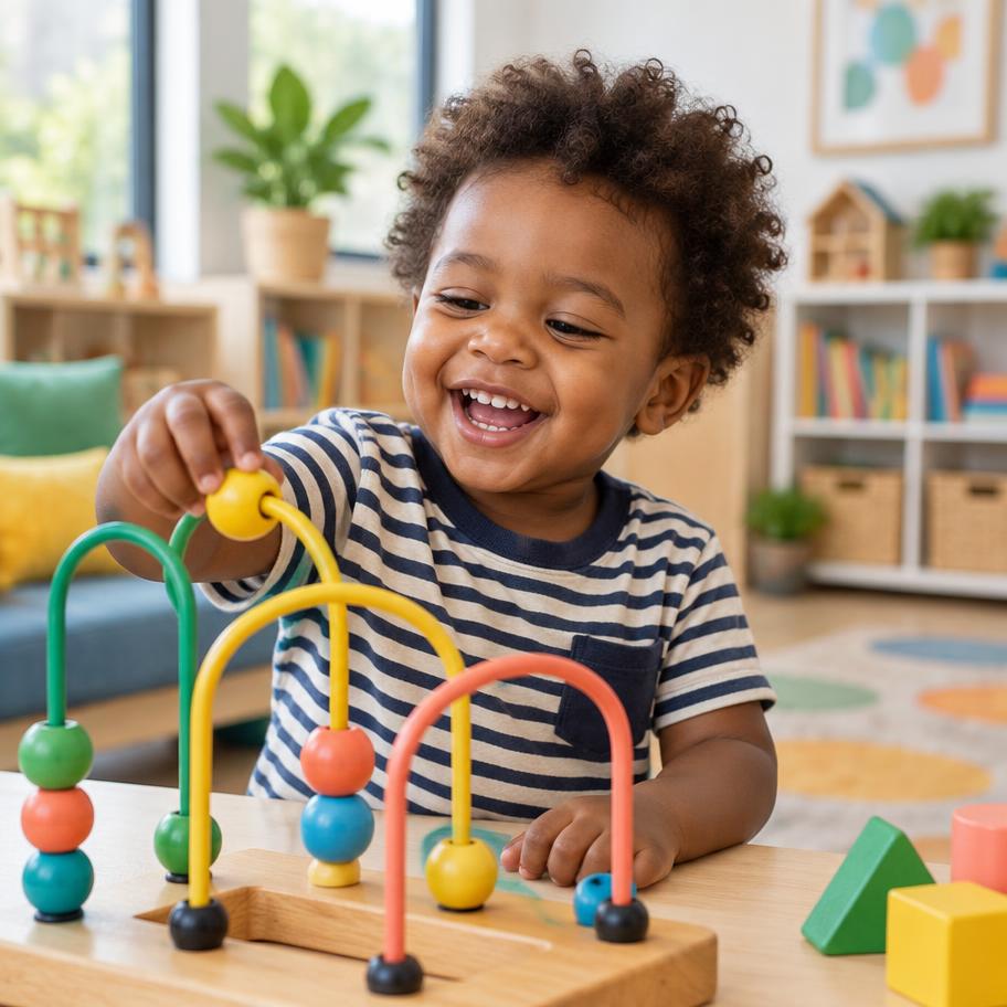 A smiling toddler exploring a colorful wooden bead maze